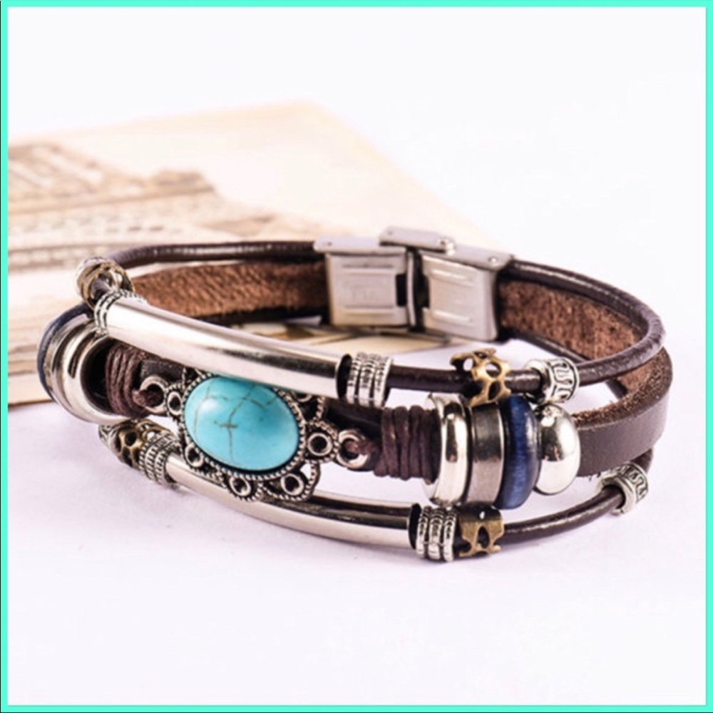 Vintage style bohemian turquoise leather bracelet multilayered